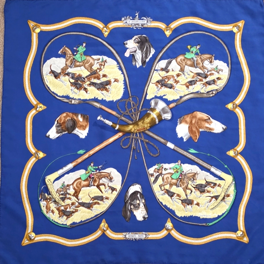 Hermes Le Laissier Courre Hunt Scene With Hounds Themed Silk Scarf